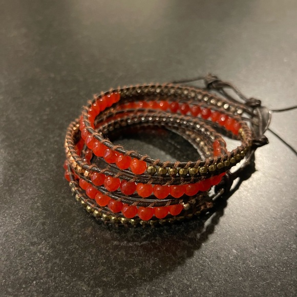 Red and Jet Bronze Sectioned Wrap Bracelet on Natural Grey Leather by Linda Chan - Picture 2 of 6